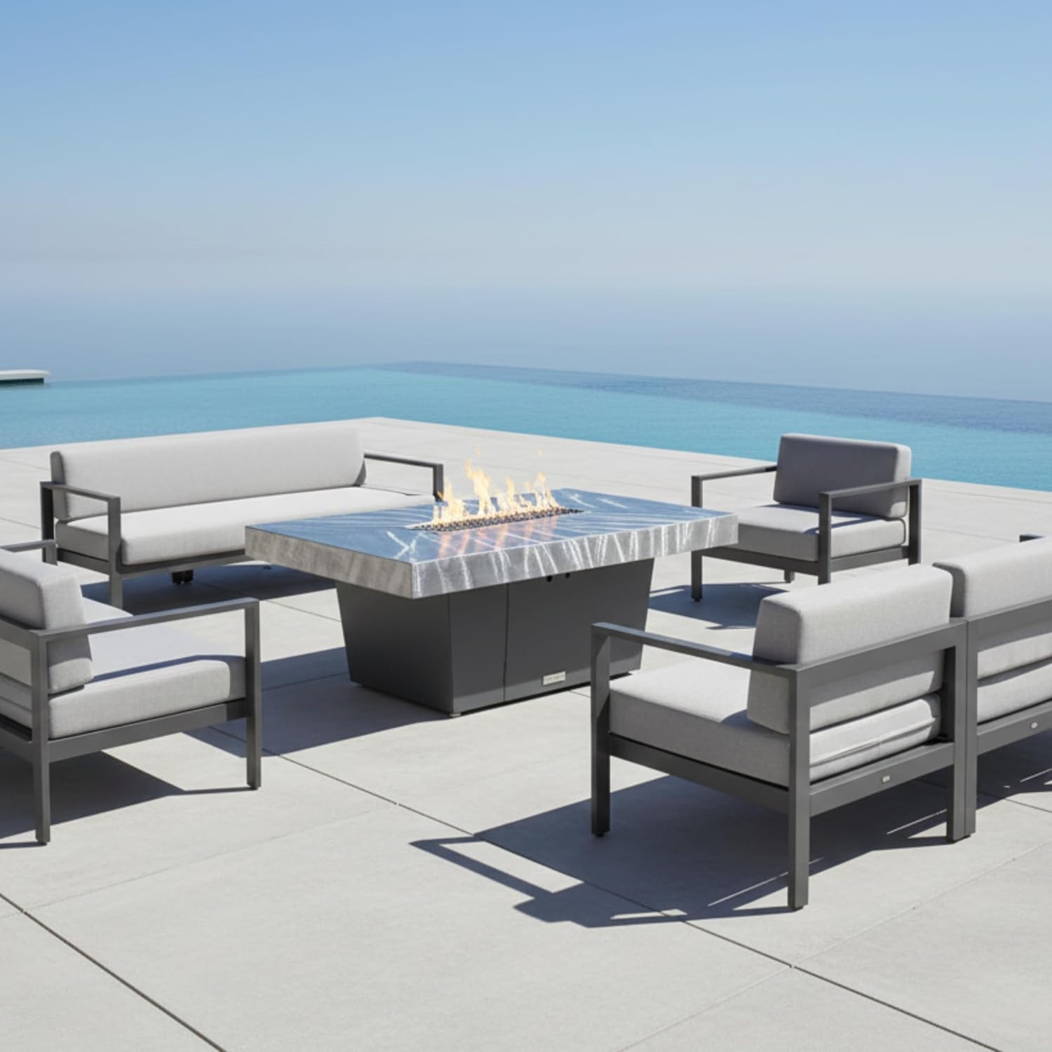 COOKE Palisades Rectangular Fire Pit Table - 52x36 - Chat Height - Propane - Brushed Aluminum Powdercoat Top with 6cm Edge - Grey Texture Powdercoat Base