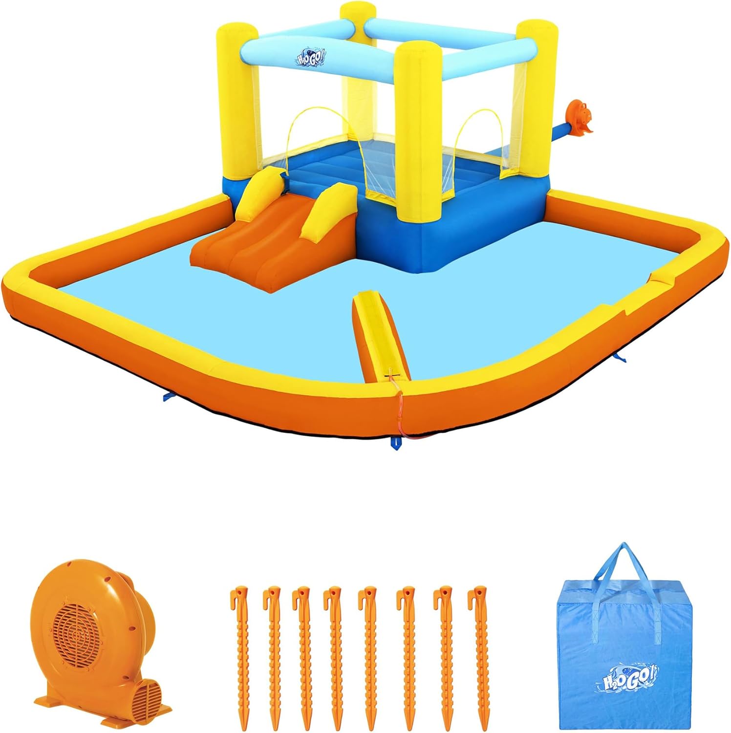 Bestway H2OGO! Beach Bounce House Kids Outdoor Inflatable Water Slide Park with Water Wall, Ground Stakes, Storage Bag, and Air Blower for Quick Setup