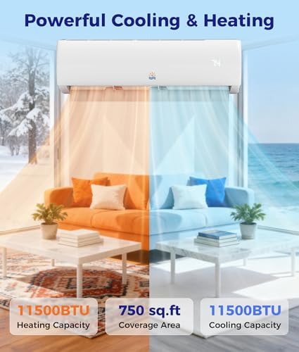 Mini Split Ac/Heating System - 11500 BTU Ductless Pre-Charged Mini Split Air Conditioner with Heat Pump, 17 SEER2 115V Energy Efficient Ac Unit Up to 750 Sq.Ft, Complete Installation Kit