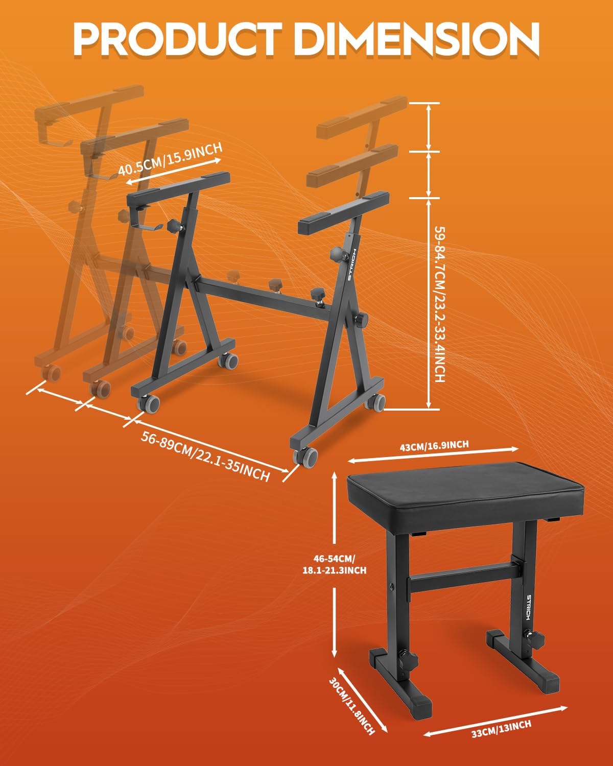 STRICH Piano Keyboard Stand Stool Set, Portable Heavy Duty Stand for 54-88 Key Electric Digital Pianos & Adjustable Piano Bench, Chair, Black, SKT-02 & SPB-M50