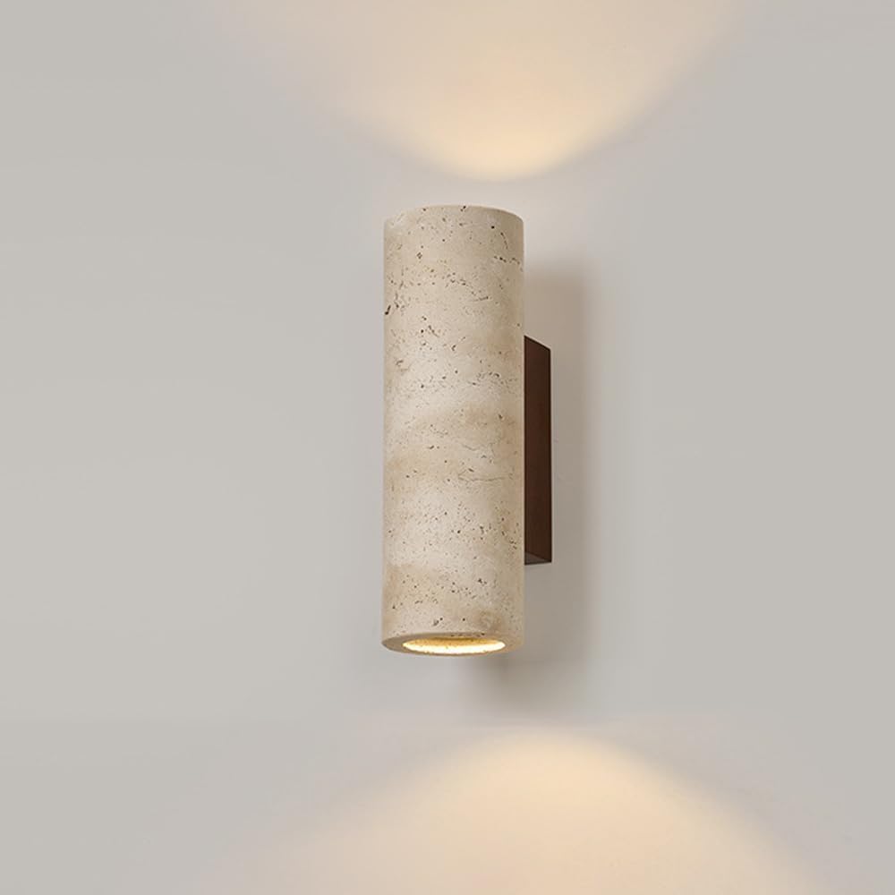 Japanese Style Wall Sconce, LED Art Decor Lighting Fixture, Cylindrical Yellow Travertine Marble Stone Wall Lamp, Wall Lights for Bedroom, Foyer, Entryway, Stairs