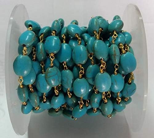 5 feet turquoise smooth oval beaded chain - 24k gold plated wire wrapped chain - oval beaded chain - beads 6x8mm