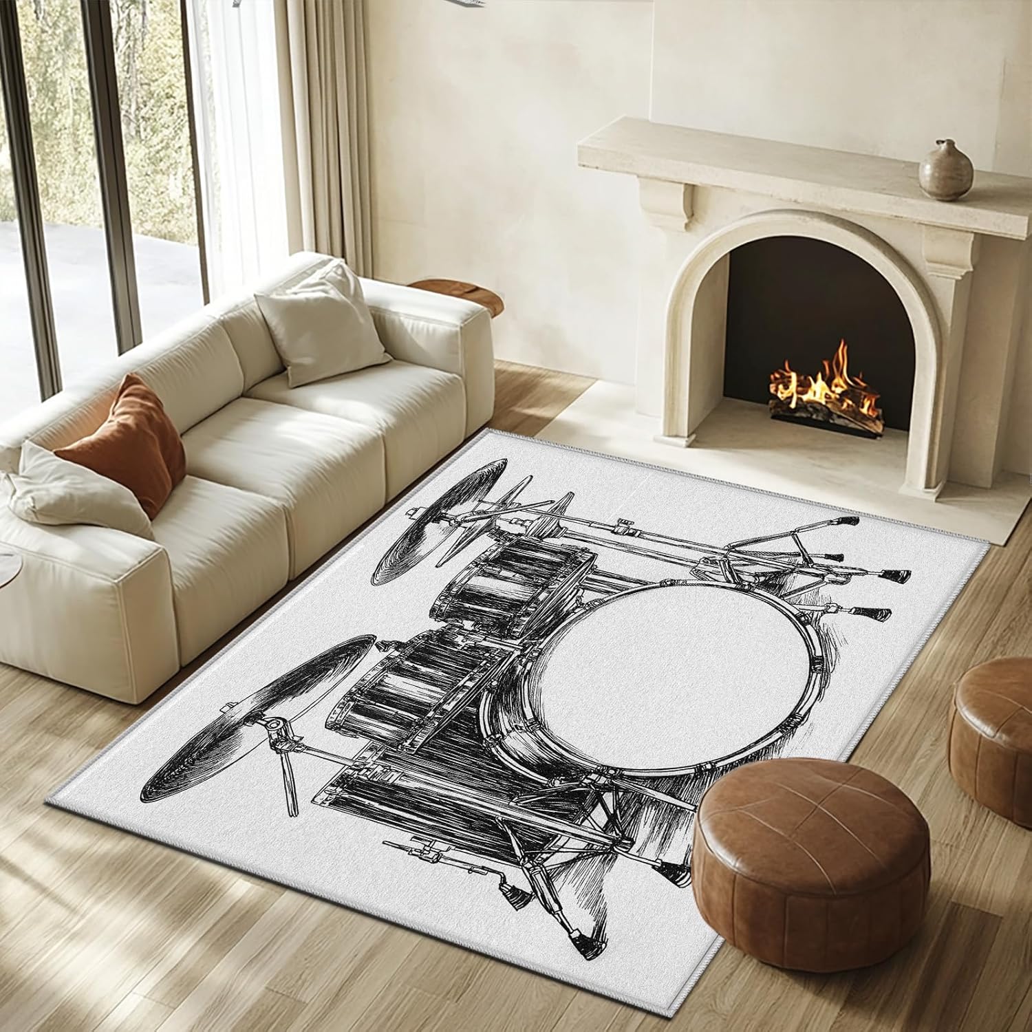 Drum Set Carpet for Bedroom, Sketch Music Theme Large Rug for Living Room, Musical Instrument Area Rug 8x10 ft Low Pile Soft Non Slip Machine Washable Rugs for Playroom Office Nursery Dorm