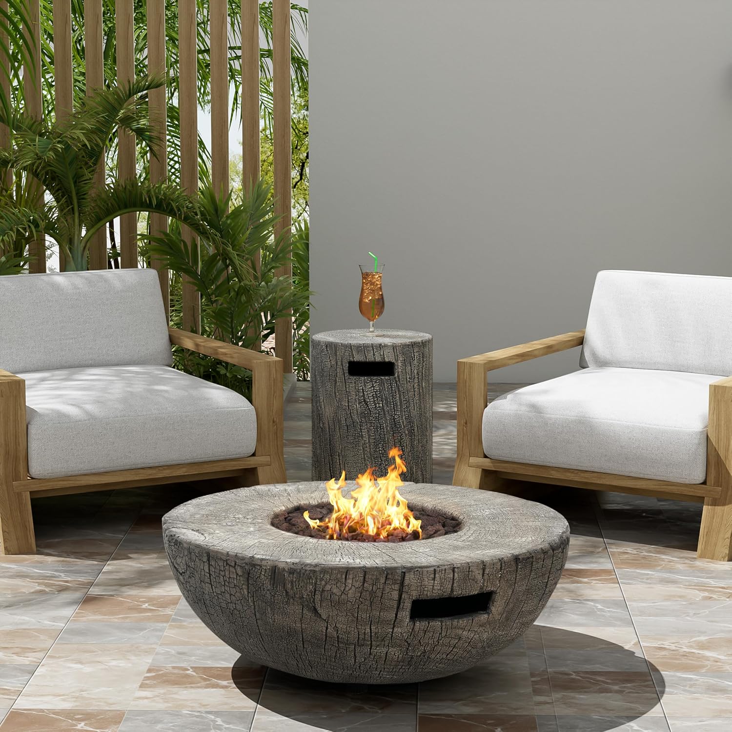 Christopher Knight Home Hearth Outdoor Fire Pit and Tank Holder Set, Lightweight Concrete Tank Table, 30000BTU Round Fire Pit, Woodlike Texture, Concrete Patio Fire Bowl, No Assembly Needed, Gray