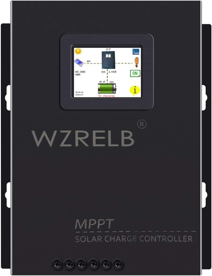 WZRELB New 60A MPPT Solar Charge Controller 12V/24V/48 Auto , 18V/36V Manual Max PV 170V,LCD Full Touch Screen Design,Battery Charger Controller