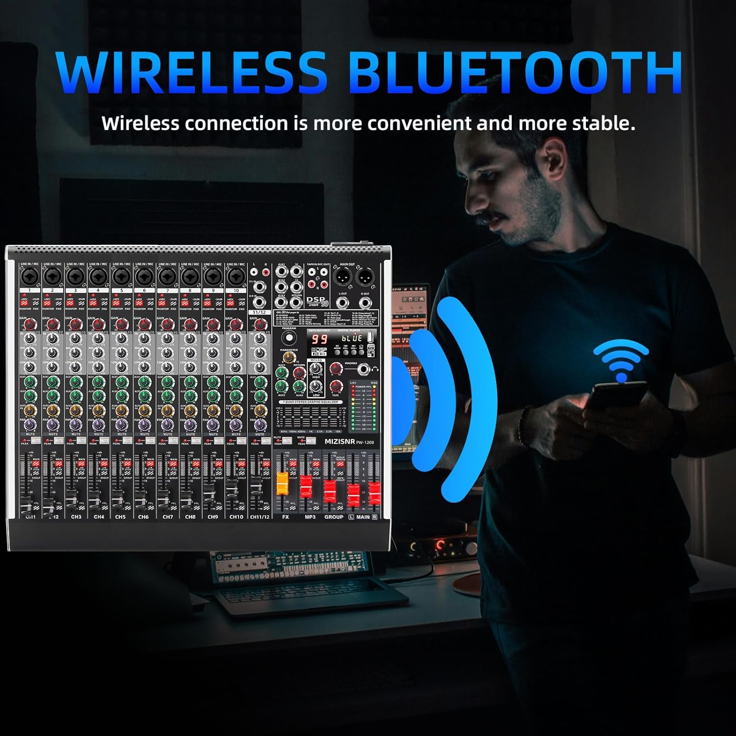 12 Channel Audio Mixer Professional Sound Mixing Board with 99 DSP Effects, 7-band EQ Digital DJ Mixer Console w/USB Bluetooth MP3 for Recording, Independent 48V Power & Mute Button