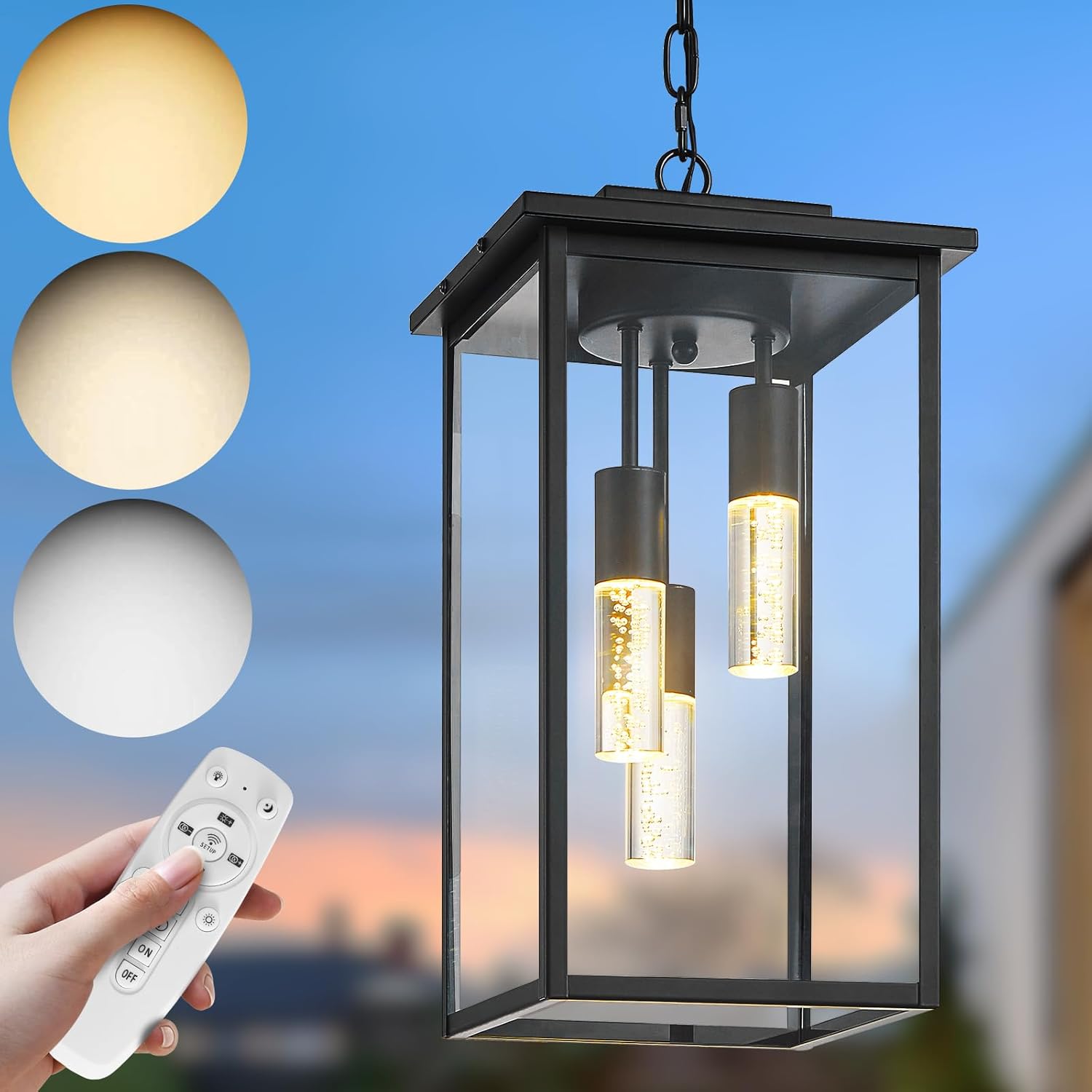 3-Color LED Outdoor Pendant Light with Remote, 3-Light 19