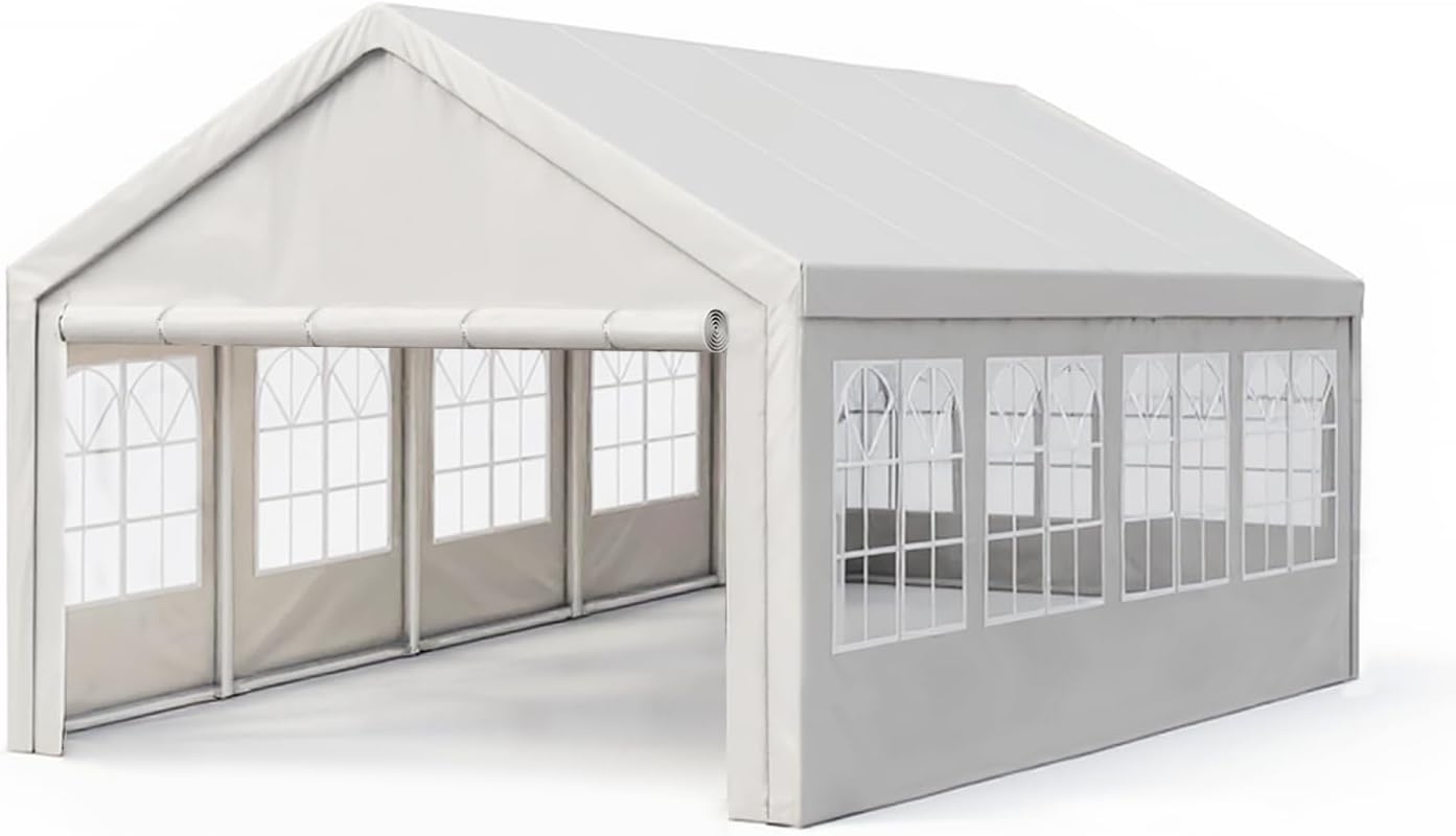 13x26 Foot Carport Canopy with Removable Sidewalls and 2 Ground Tubes Heavy Duty Party Tent for Vehicle Protection and Events