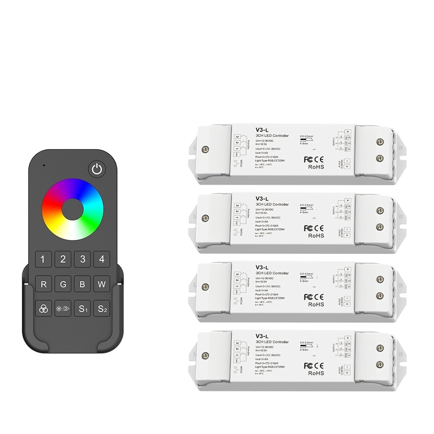 LED Controller 3 Channel DC 12V 24V 36V Dimmer Push Button Switch 4 Zone Remote Control(4X V3-L and RT9 KIT)