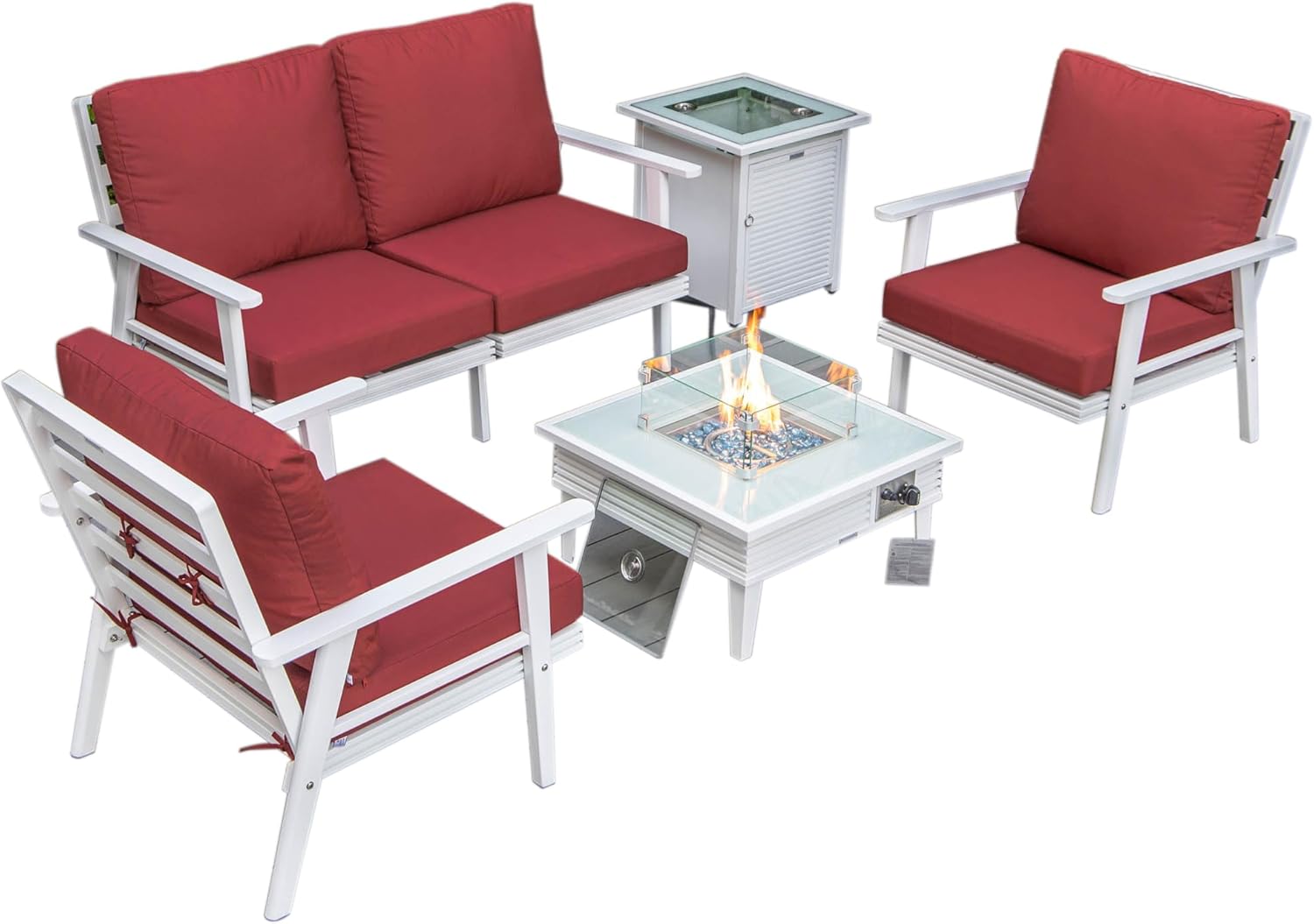 LeisureMod Walbrooke Modern Aluminum 5-Piece Patio Conversation Set with Outdoor Square Fire Pit Slats Design & Side Table Tank Holder, Red
