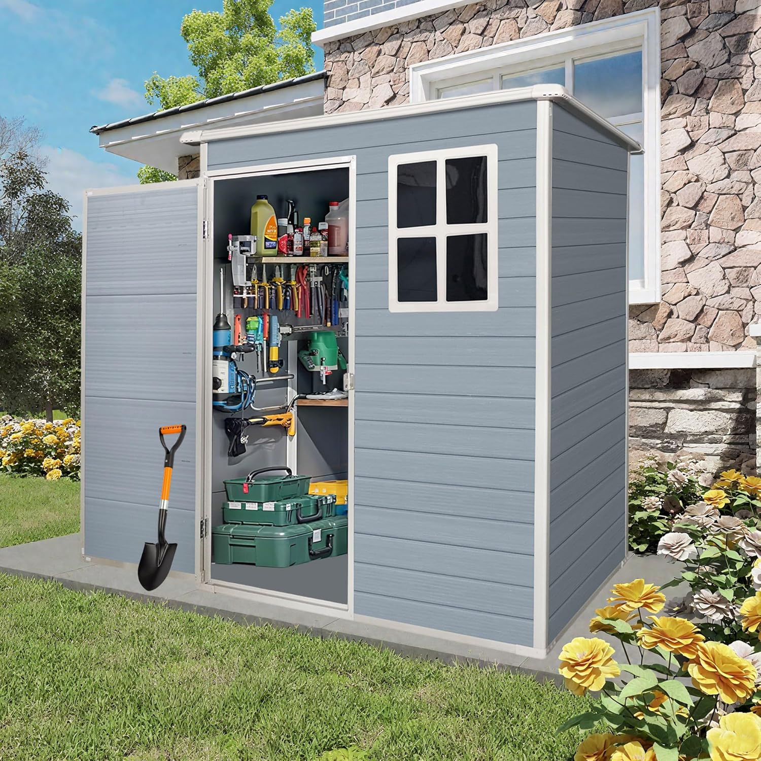Storage Shed 5x3 ft Outdoor Storage Shed with Floor, Lean to Resin Shed with Window, Lockable Door Plastic Tool Sheds, Waterproof Shed for Garden, Patio, Backyard, Yard, Lawn, Grey