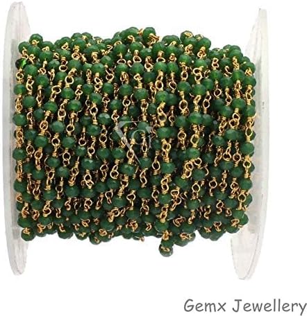 JEWELZ green emerald hydro rosary gemstone chain, 3-4 mm rondelle beads, gold plated bead chain, wire wrapped rosary chain. (hrcg-13)