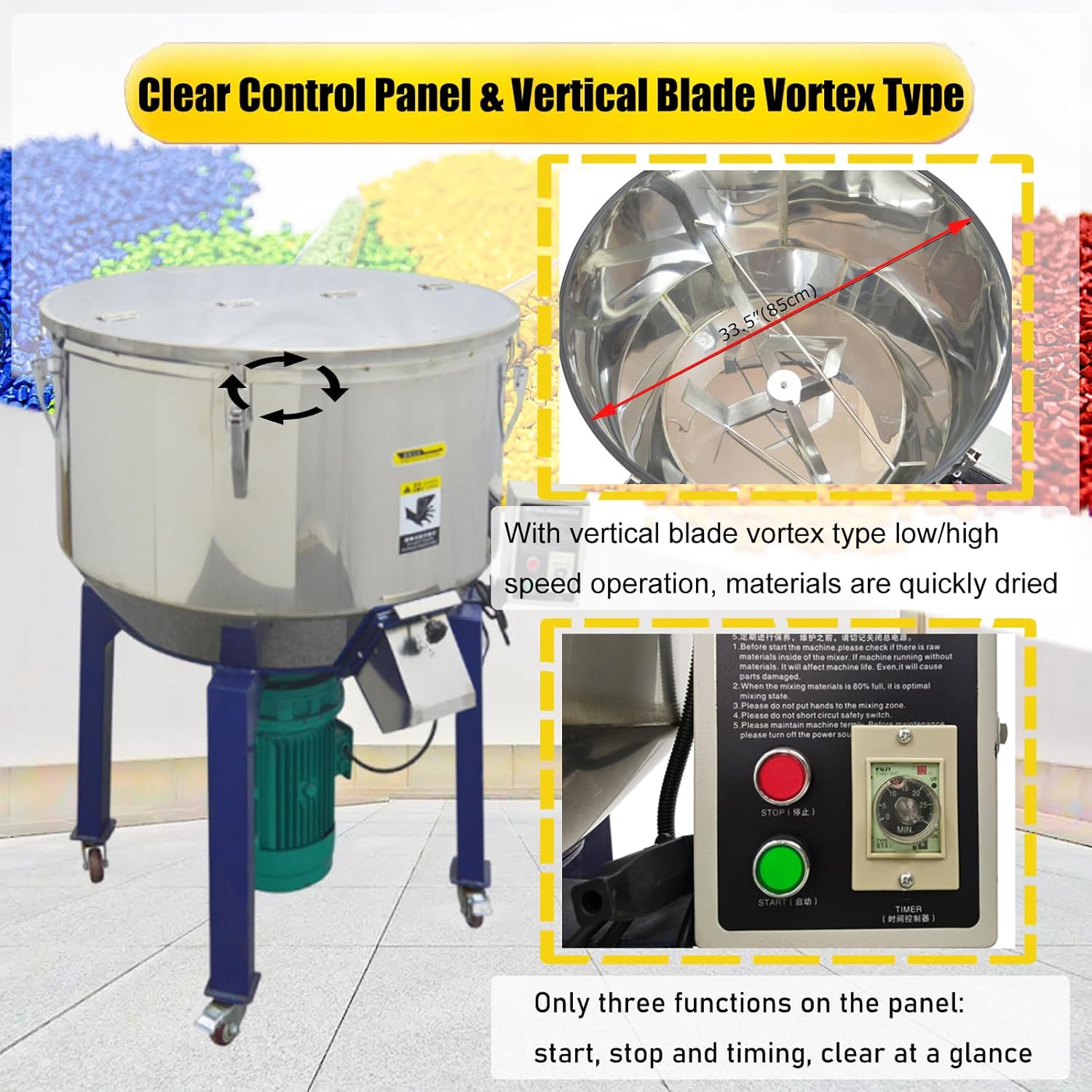 Industrial Blender Mixer Vertical Color Mixer 150kg Tank Material Mixing Machine Vertical Blade Vortex Type Blender 5.3HP Stainless Steel Blending Mixing Machine, AC220V Triphase