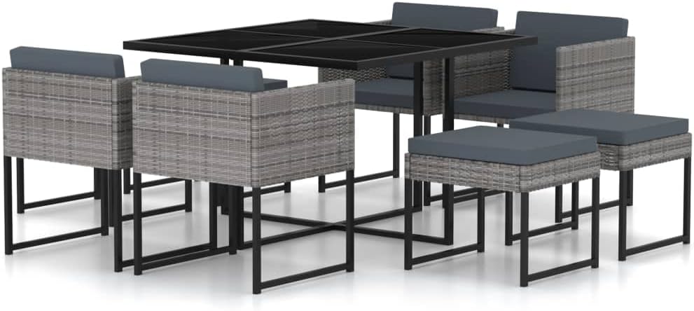 9-Piece Grey Garden Dining Set, Outdoor Table and Chairs with Tempered Glass Top, PE Rattan Patio Furniture Set for 8 People, Balcony Furniture
