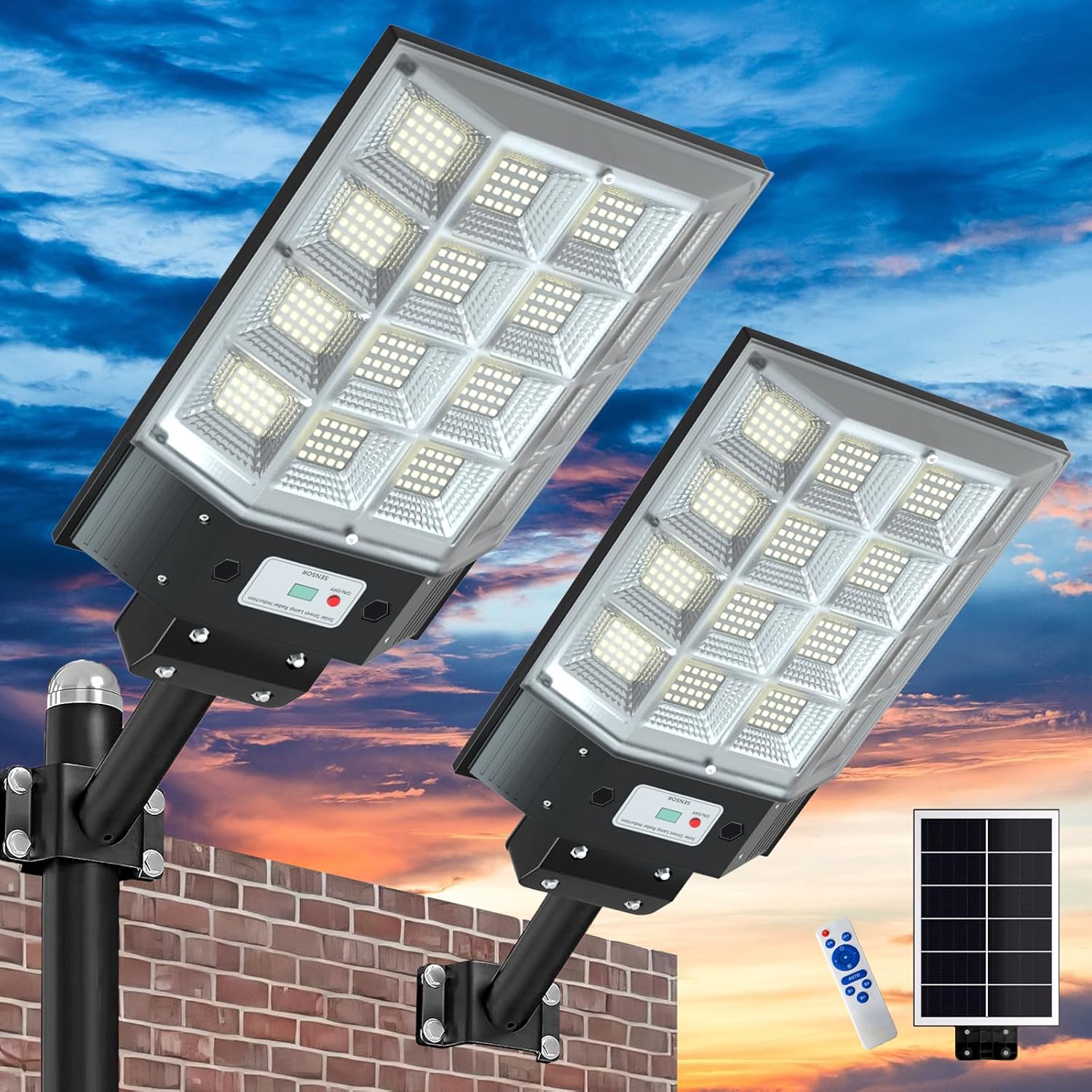 Solar Street Lights Outdoor Waterproof, 8000W Solar Flood Light with Motion Sensor Dusk to Dawn Commercial Parking Lot Light 2 Pack