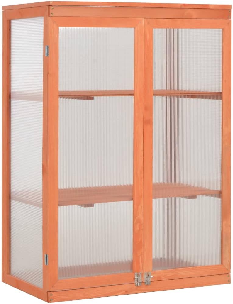 Wooden Garden Greenhouse with Polycarbonate Boards 29.5x18.5x42.9 in Outdoor Greenhouse for Herbs Flowers Adjustable Shelves Hinged Lid Weather Resistant Brown