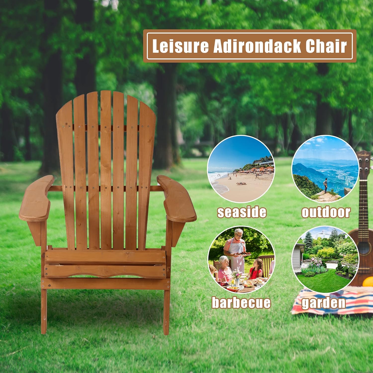 Adirondack Chair Lawn and Folding Chair Weather Resistant Patio Chair Outdoor Chairs Patio Seating Fire Pit Chairs Wood Chairs for Adults Yard Garden (Natural)