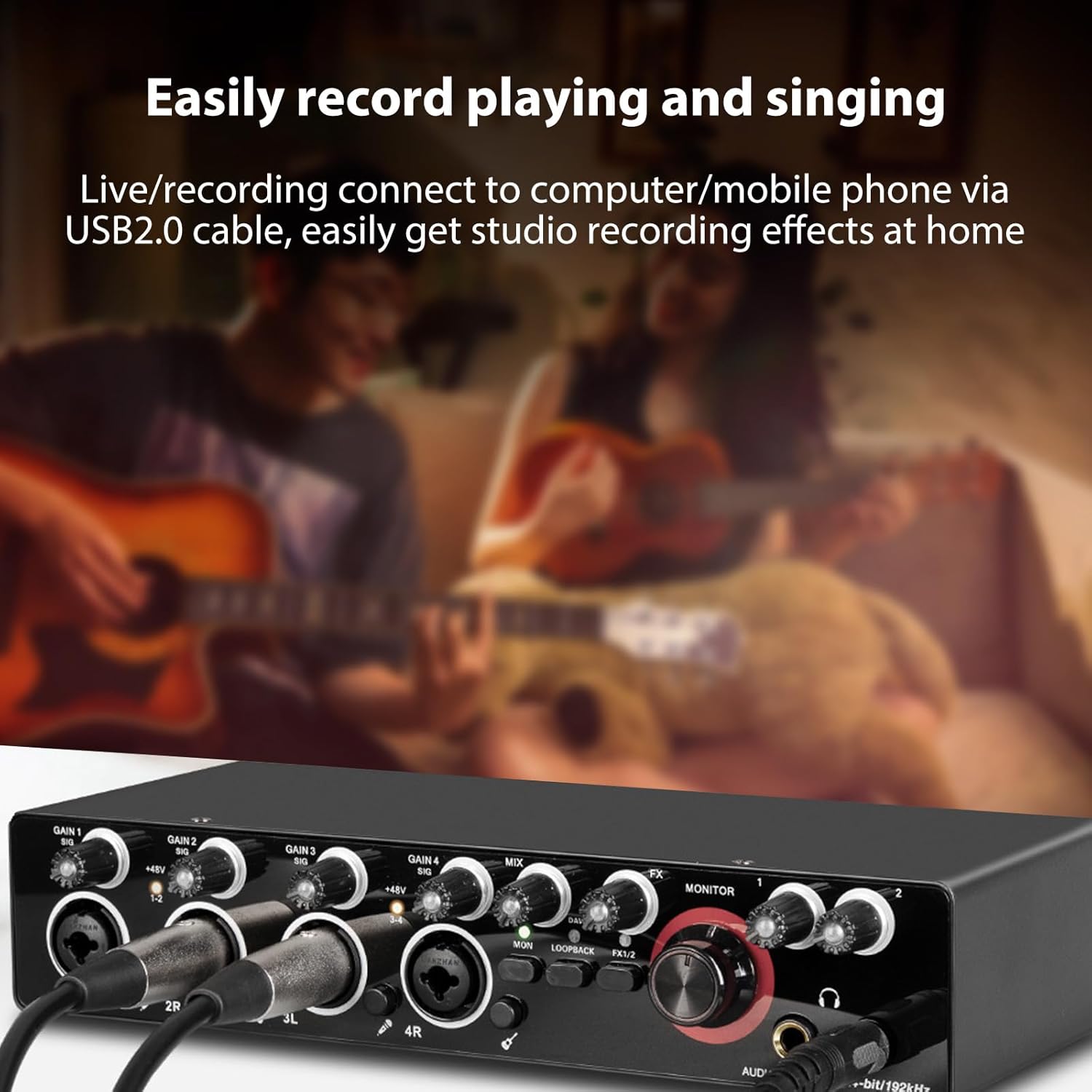 HXBER 4 Channels Recording Sound Card with Driver Free Audio Interface, 4-in 4-out USB Sound Card 24 bit/192khz 48V Phantom Power Supply for Professional Recording of Live Streaming Karaoke, Black