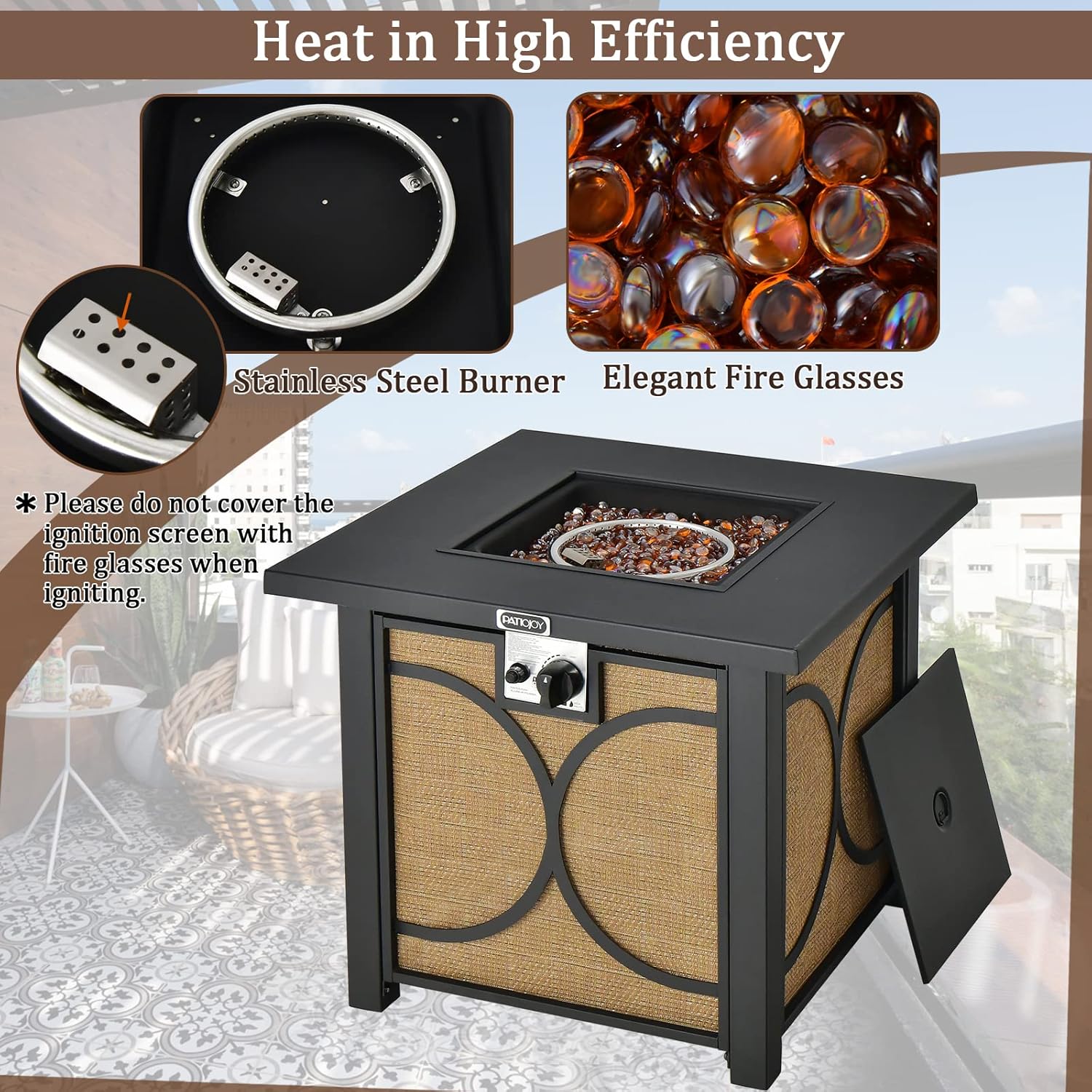 Tangkula 28 Inch Outdoor Square Fire Pit Table, Patiojoy 50,000 BTU Propane Gas Fire Table with Fire Glasses & PVC Protective Cover, Easy Ignition System, Patio Fire Table for Backyard, Poolside