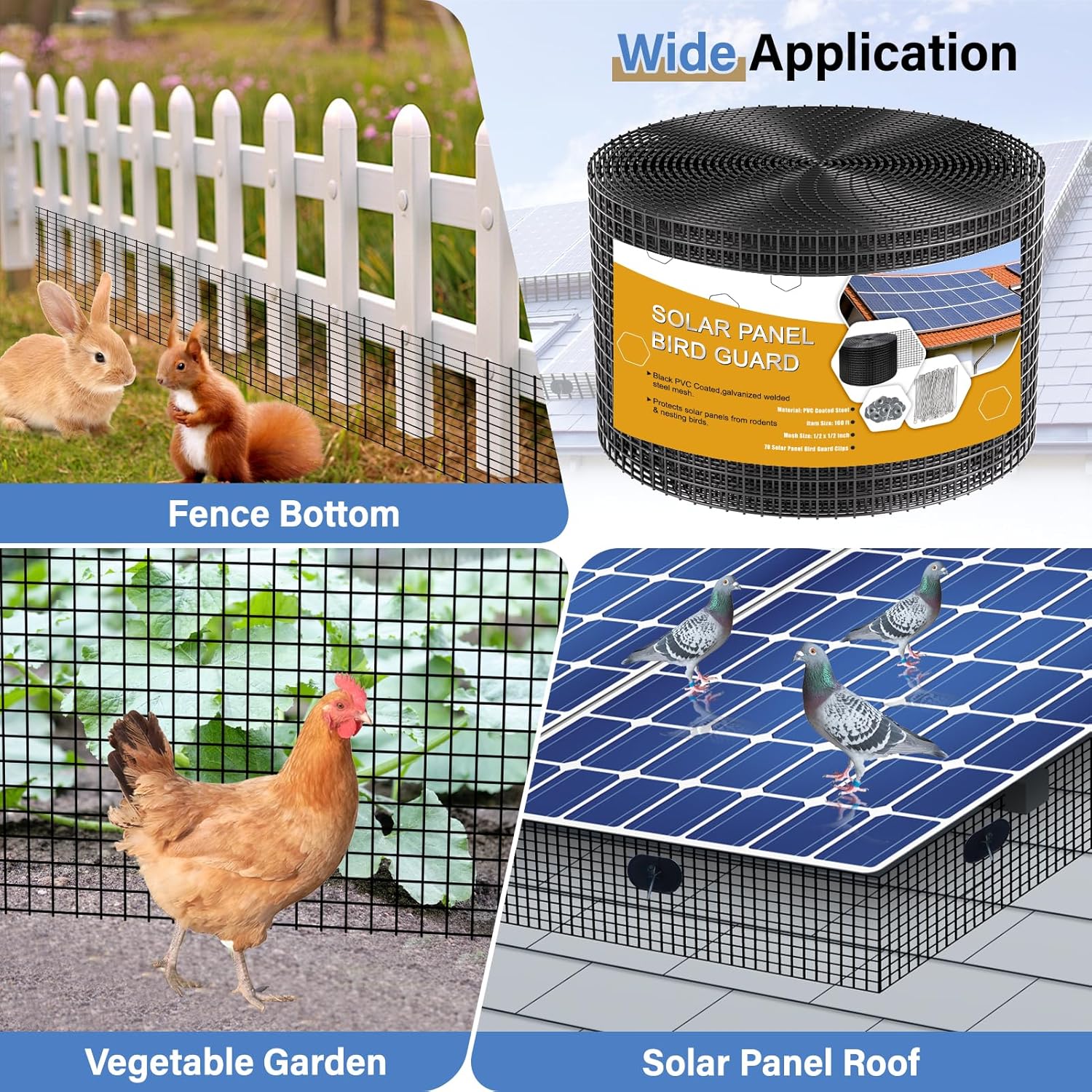 Solar Panel Bird Guard,8in x 100ft Critter Guard Galvanized PVC Coated Mesh Roll Kit,Black Pigeon Solar Panel Mesh with 70 Fastener Clips, ½ inch Wire Critter Guard for Solar Panels