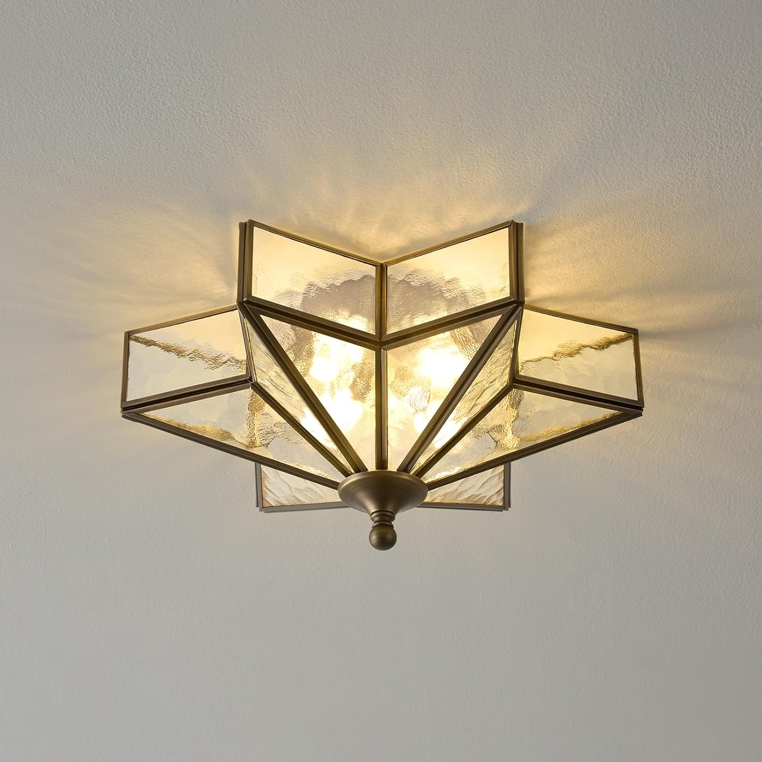 Star Glass Bronze Ceiling Light - Small 12 Inch Brass Hammered Black Flush Mount Fixture - Unique Art Deco Vintage Modern Lighting Lights for Bedroom Dining Entry Hall Hallway Outdoor Porch Fixtures