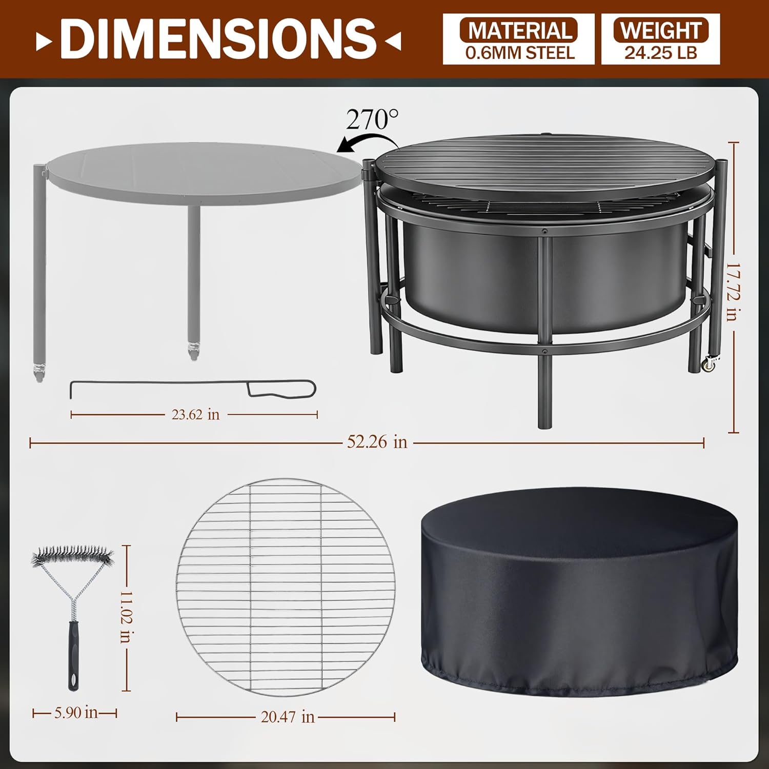 Fire Pits for Outside Wood Burning, Large Outdoor Fire Pit Stove with Roating Table and BBQ Grill, Cold Finished Steel Round Firepit Bowl with Poker, Waterproof Cover, Grill Brush