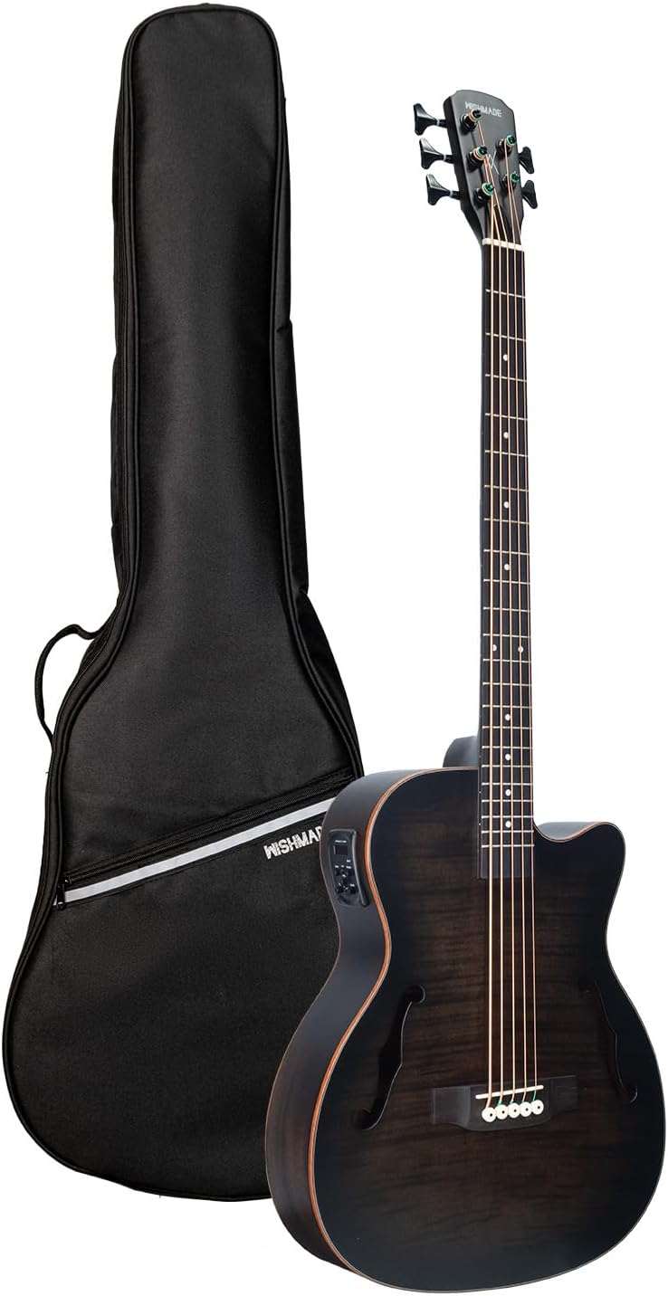 WISHMADE Acoustic Bass Guitar with F-Holes | 5 String Bass Guitar for beginners adults, Flamed Maple Top With Gig Bag-BK