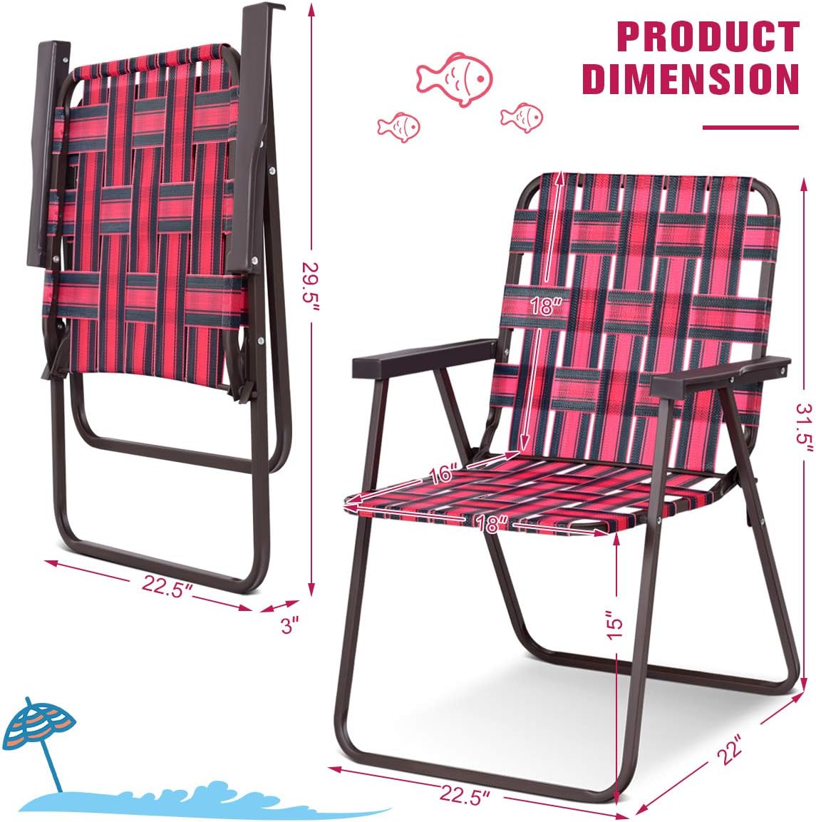 6 PCS Folding Lawn Chairs Set, Portable Outdoor Patio Chairs w/Stable Metal Frame & Armrests, Webbed Folding Beach Chairs Set for Lawn Patio Garden Backyard (Red)