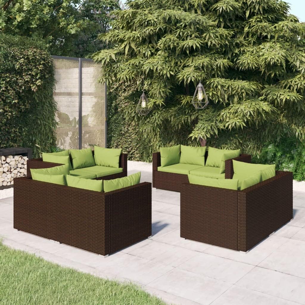 8 Piece Patio Lounge Set with Cushions Poly Rattan Brown Patio Furniture, Outdoor Furniture Sets