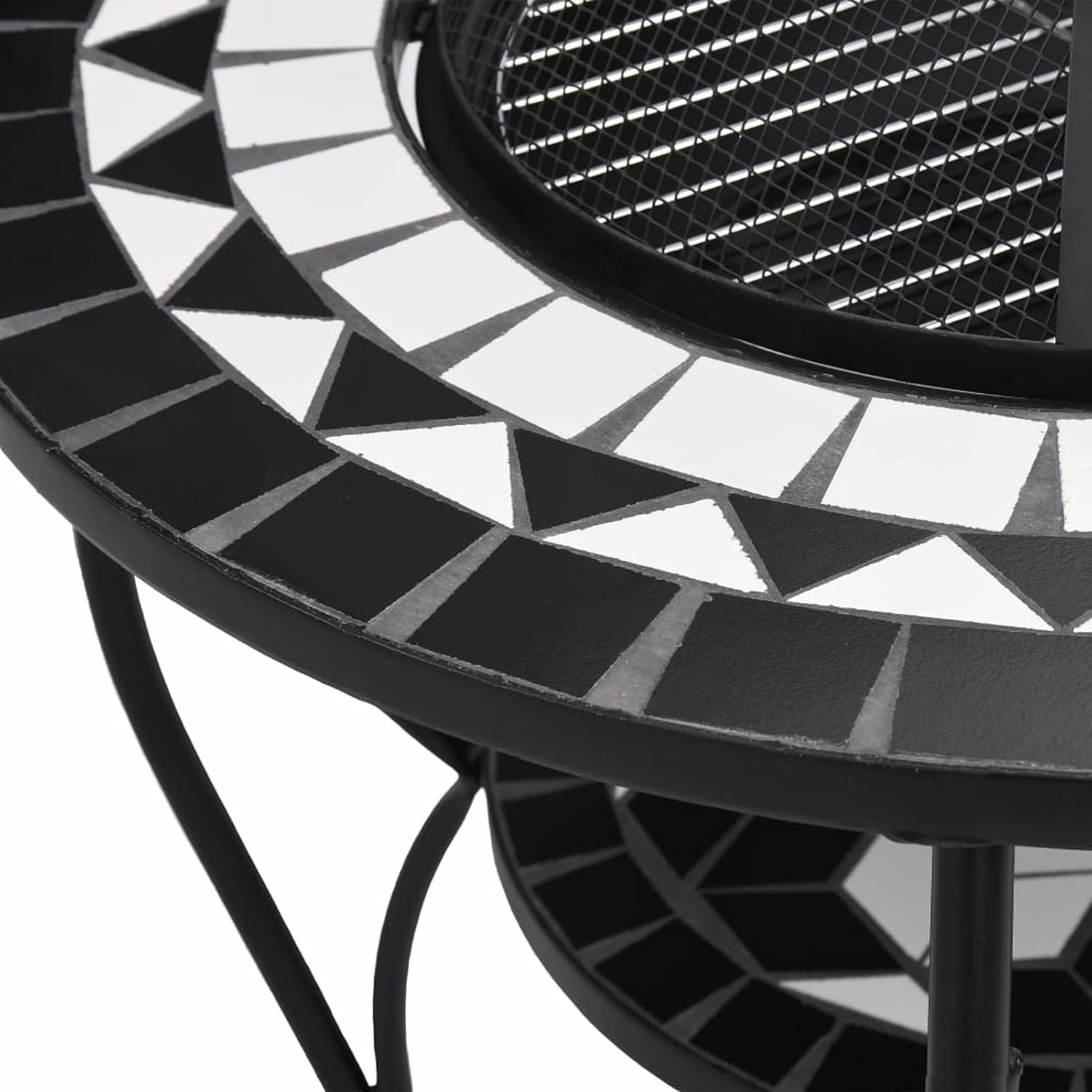 Mosaic Fire Pit Table, Black and White Ceramic Steel 26.8in Round for Garden Patio Warmth and Barbecue