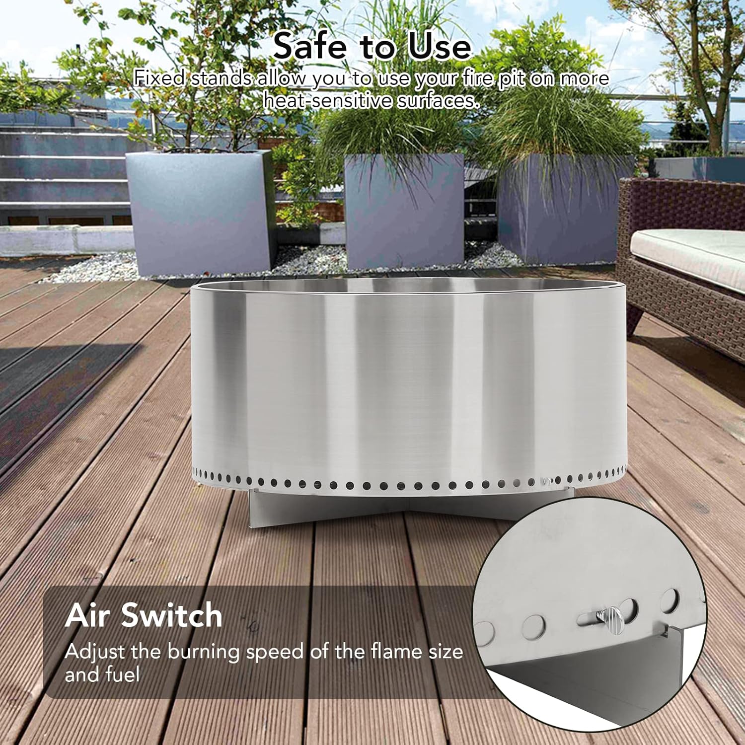 Portable Stainless Steel Outdoor Firepit with Air Switch - Ideal for Camping, Patio, Garden Fireplace - Wood Burning with Removable Stand and Ash Pan