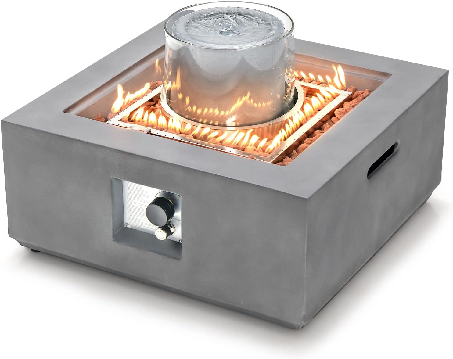 Tangkula 28” Fire Pit Table with Fountain, 50,000 BTU Square Fire Table with Stainless Steel Burner, Wind Guard, Lava Rocks & PVC Cover, Outdoor Magnesium Oxide Propane Fire Pit for Poolside Backyard