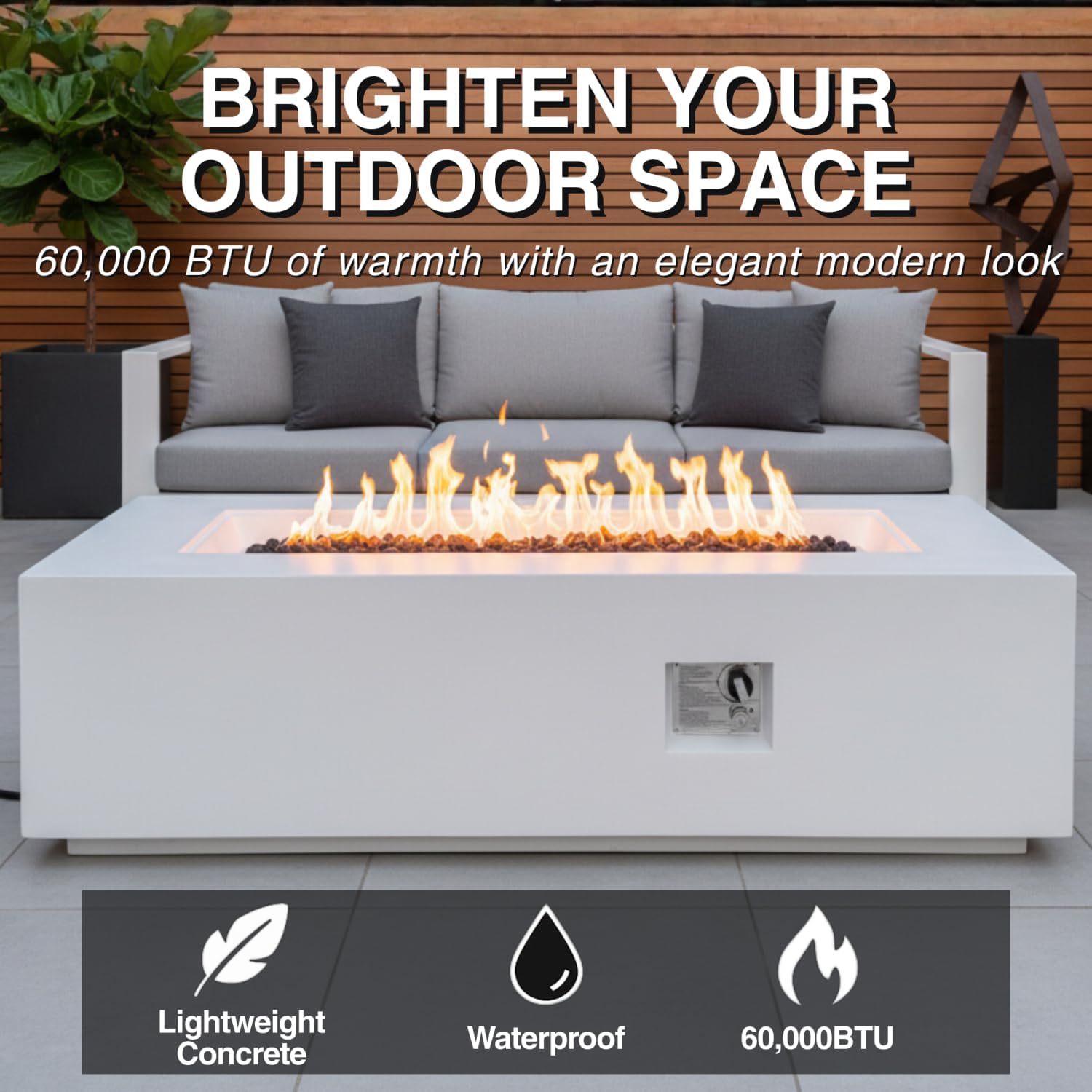 Outdoor Rectangle Propane Fire Pit Table 60Inch Magnesium Oxide White Material Outdoor Garden, Patio Cozy Evenings