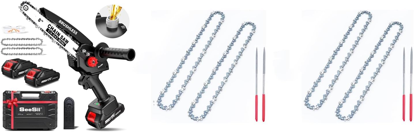 Mini Chainsaw Cordless, 8 inch Electric Chain Saw with 2 Batteries + 6 Chains, Battery Powered Handheld Saw for Trees Trimming Wood Cutting, Perfect Gardening Tools for Men Dad Husband