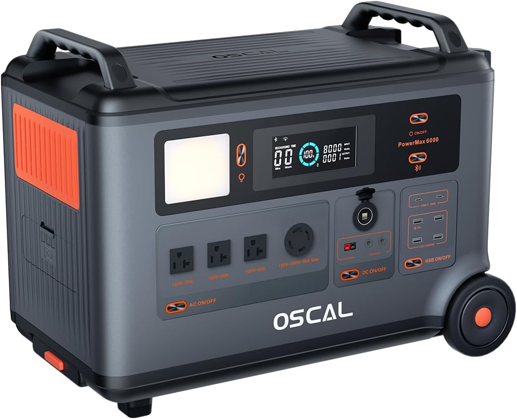 OSCAL Portable Power Station, 3600Wh Camping Lithium Battery, Expandable to 57.6kWh, 6000W(Surge 7200W) AC Output with 120V/240V, Solar Generator for Home Backup Outdoor Emergency RV Hunting Travel