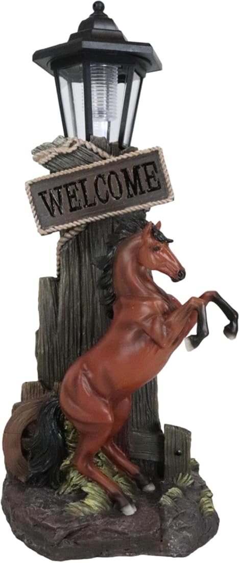 Ebros Large Rustic Country Western Rearing Chestnut Horse by Farm Outpost with Welcome Sign Statue Equipped with Solar LED Lantern Light Stallion Horses Decor Figurine for Patio Poolside Garden Home