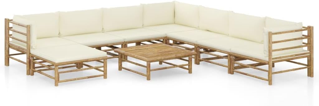 9 Piece Patio Lounge Set with Cream White Cushions Bamboo,Elevate Your Outdoor Oasis: Bamboo Patio Lounge Set with Washable Cushions Furniture Sets for Patio, Lawn & Garden