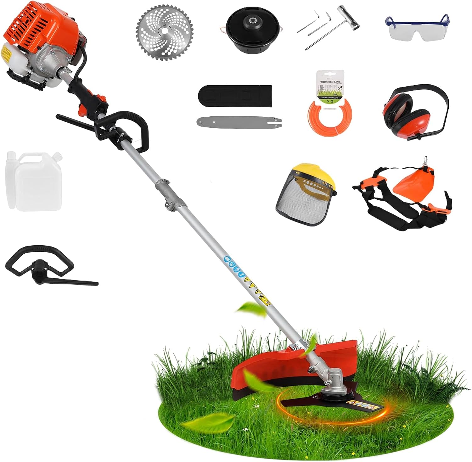 5 in 1 Lawn Mower, 52CC Gas Weed Trimmer, Powerful 2-Stroke Brush Cutter, Handheld Chainsaw, Cordless Hedge Trimmer, Quick Start, Lightweight Design, Ergonomic Handle Orange