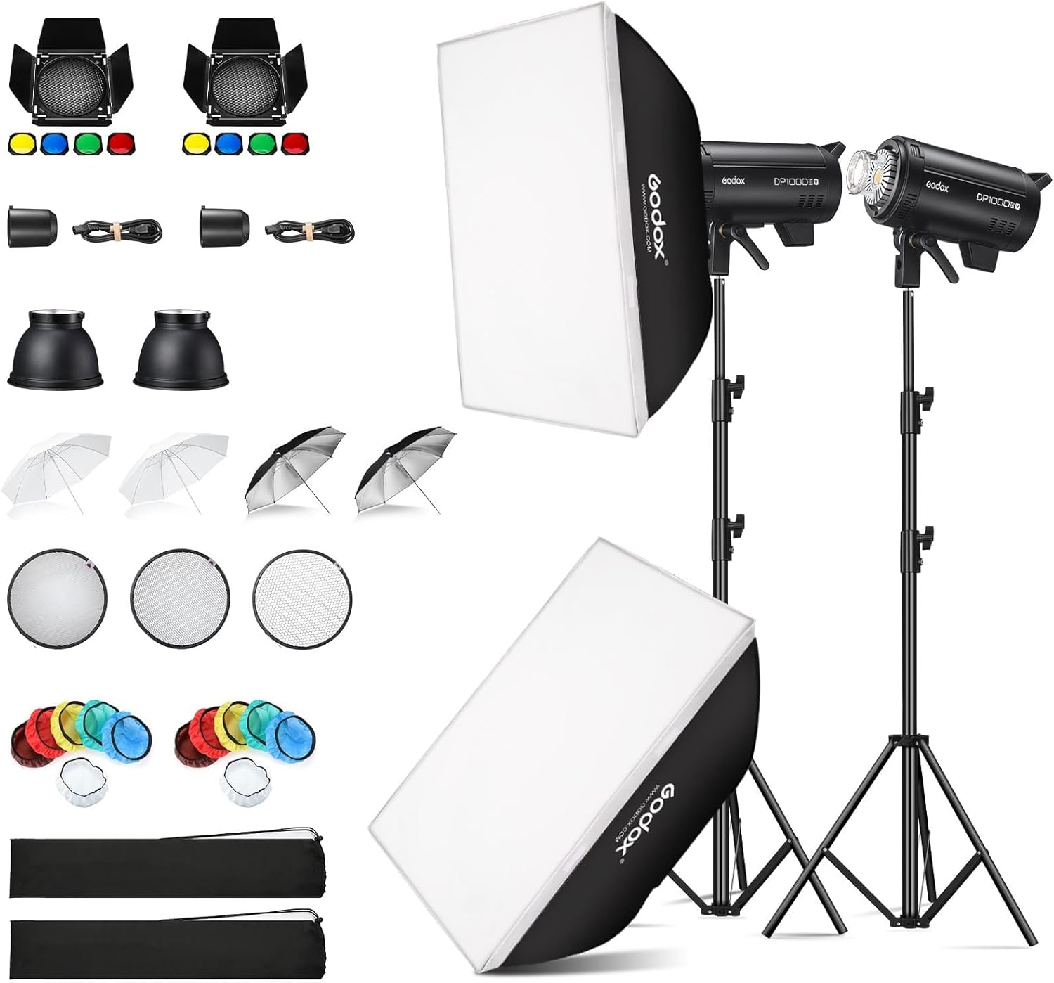 Godox 2 Pack DP1000III-V DP1000IIIV Studio Flash Kit, 1000ws Daylight Outdoor Strobe Monolight, 2.4G Wireless X System, 30W Modeling Lamp, Bowens Mount for Wedding Product Portrait Photography