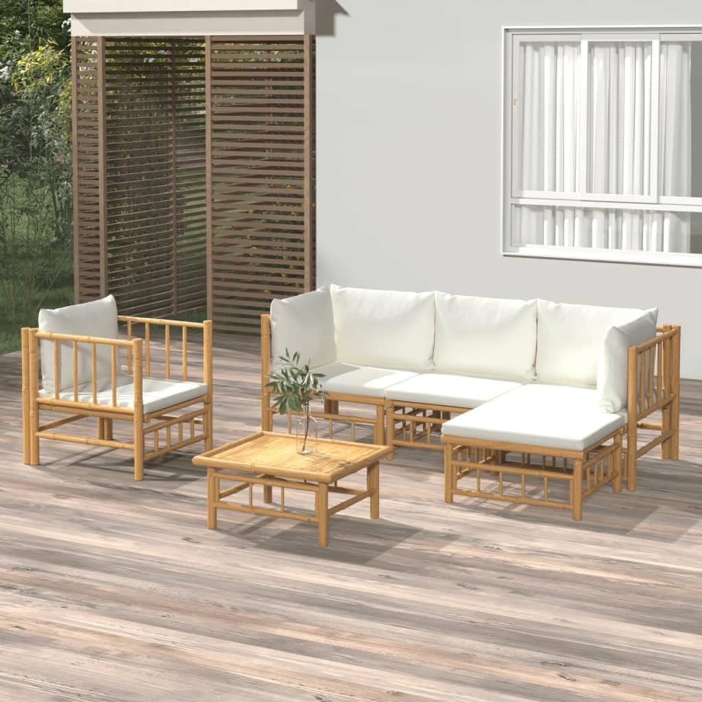 6 Piece Garden Lounge Set, Oiled Bamboo Frame, Cream White Polyester Cushions, Patio Furniture for Outdoor Living, Balcony, Terrace