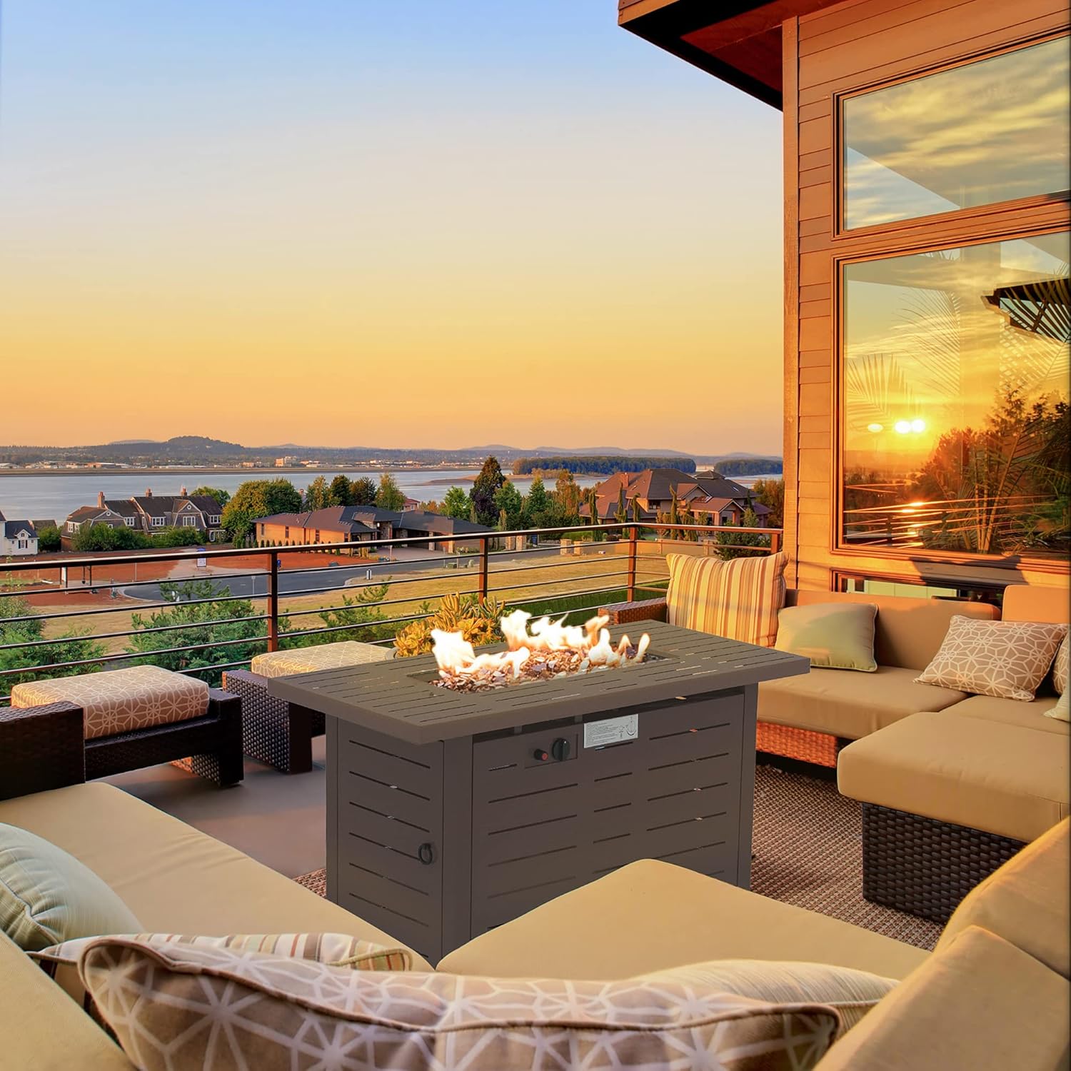 42 Inch Outdoor Propane Gas Fire Pit Table, 50,000 BTU Auto-Ignition Rectangular Gas Firepit with Slat Tabletop, Lid, Lava Rocks, Rain Cover, CSA Certification, Brown