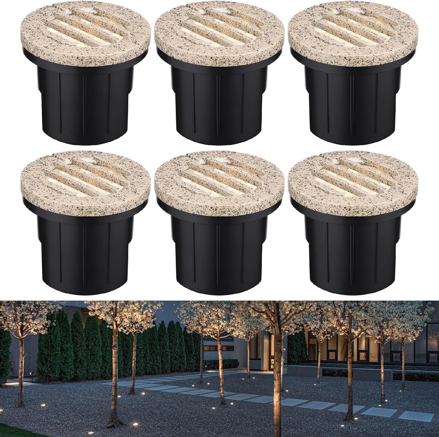 LEONLITE Dia. 4 Inch Well Lights Landscape LED In Ground, Grated Top, 3000K Warm White, 12-24V AC/DC CRI90 Low Voltage Garden Landscaping, Rock Color Aluminum Housing, Pack of 6
