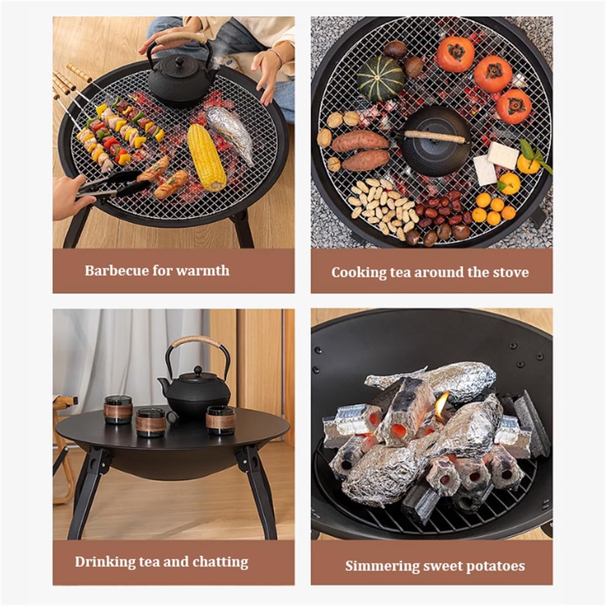 Folding Outdoor Fire Pit Bowl, Wood Burning Firepit BBQ Grill,Outdoor Garden Patio Heater,Metal BBQ Firepit Stove Backyard Garden Fireplace,Outdoor Heating,Round Table & BBQ