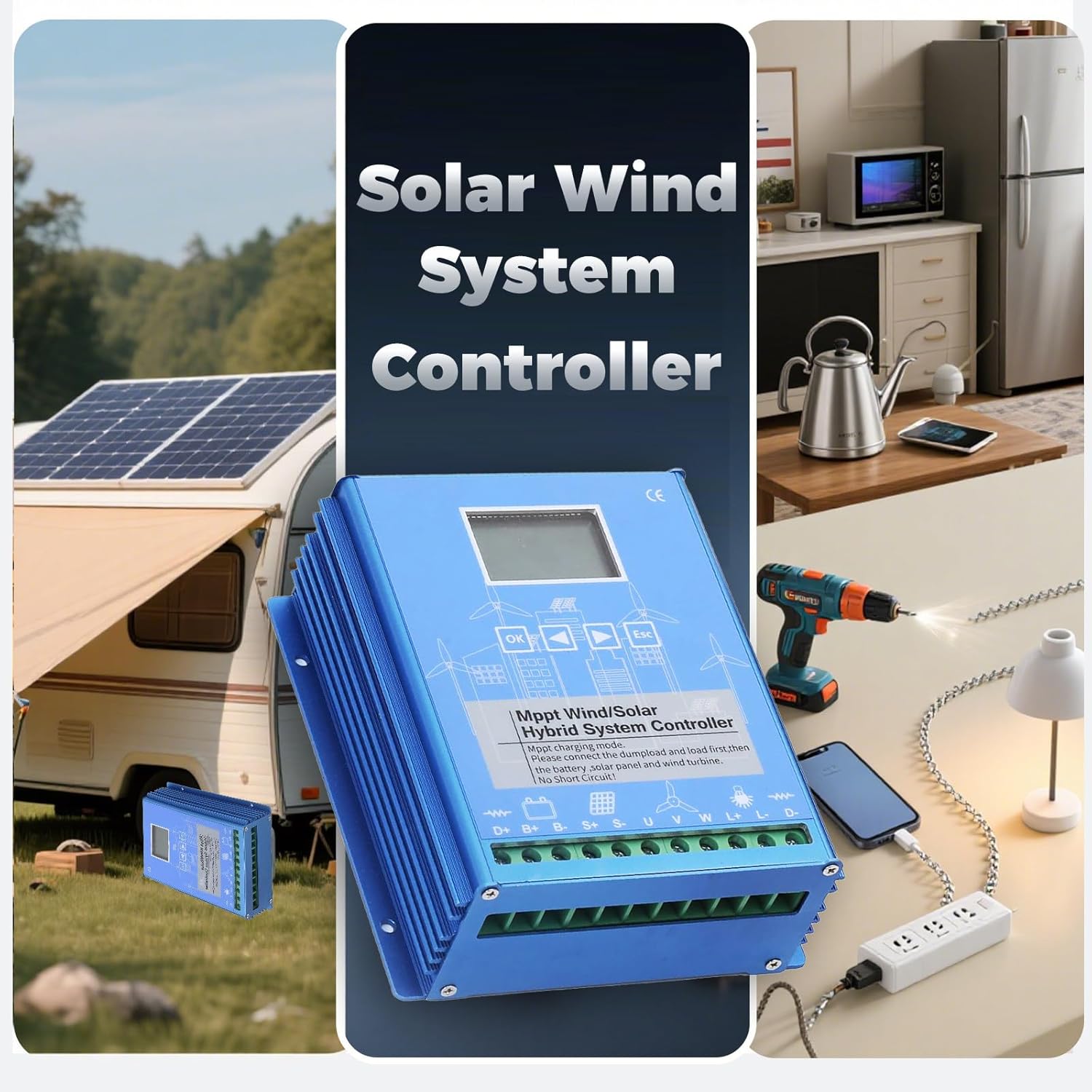 1000W Solar Wind Controller Solar Wind Power Controller Solar and Wind Charge Controller Wind/Solar Hybrid System Controller 1000W-12/24VAuto
