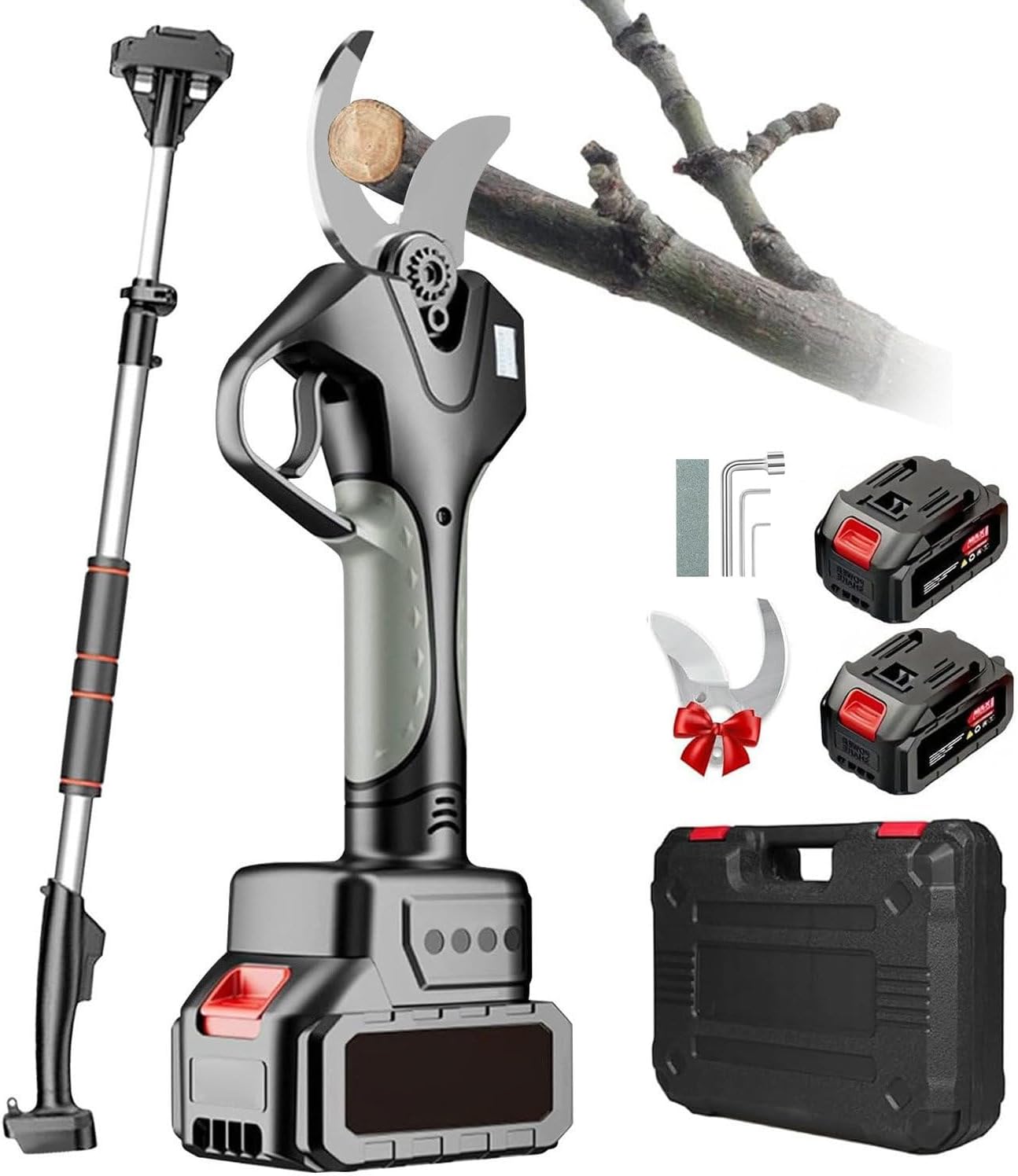 980W Electric Pruning Shears, 50mm Cutting Diameter Cordless Pruner with LCD Display, Telescopic Pole, 2×Rechargeable Battery & Spare Blade, for Garden Trees and Branches