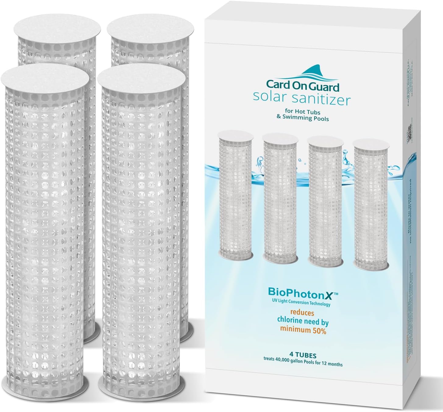 Solar Sanitizer Tube for Swimming Pools and Hot Tubs | BioPhotonX Technology Reduces Chlorine, Bromine Use by Minimum 50% for 12 Months | 4-Pack for Swimming Pools up to 40,000 Gallons