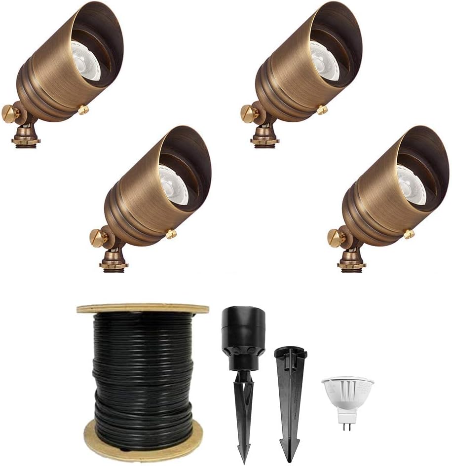 VOLT 12V Brass Fat Boy LED Outdoor Spotlight 4-Pack Expansion Kit (Bronze) for Low Voltage Landscape Lighting of Yard, Lawn, Garden, Patio, Trees & House