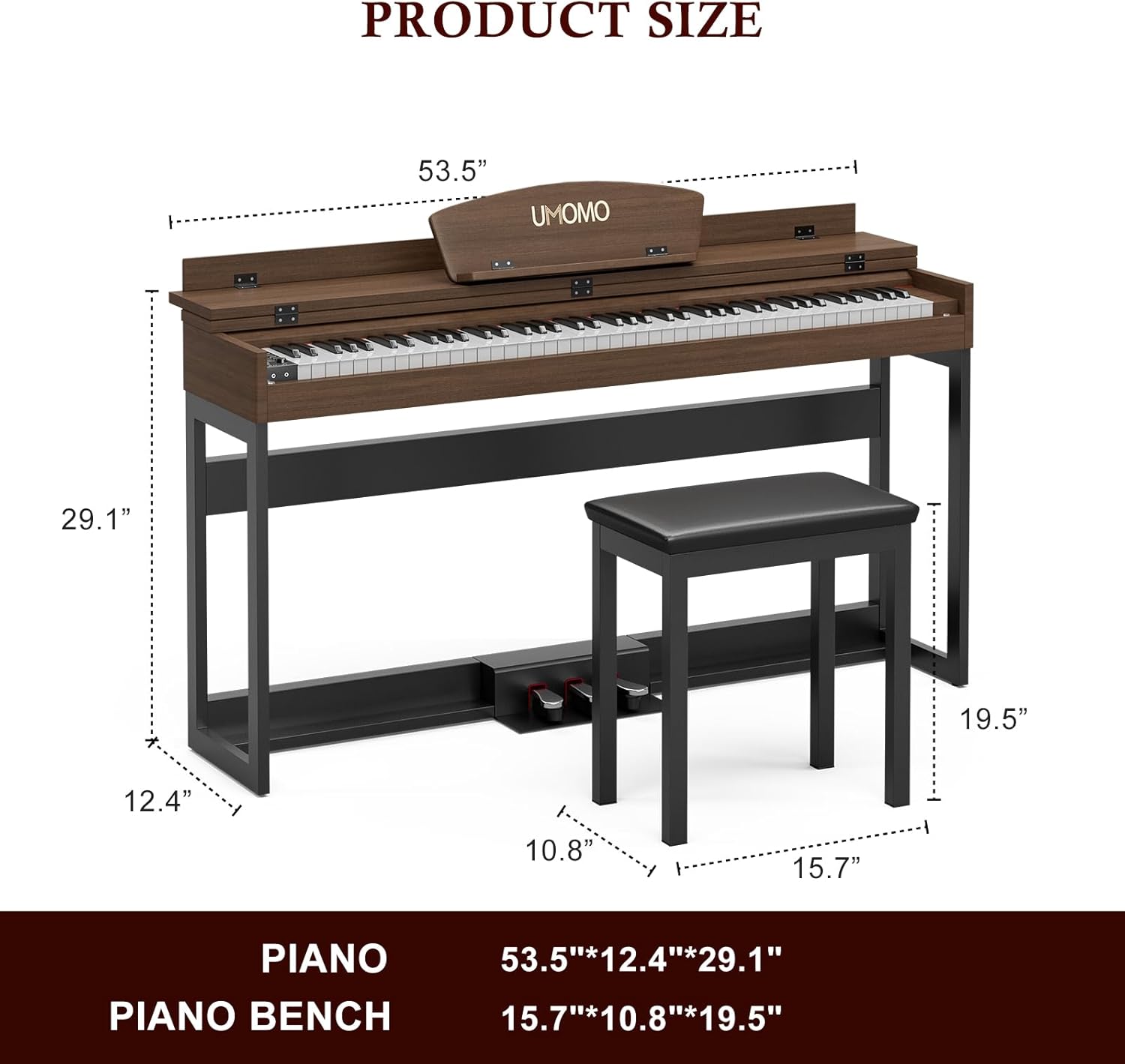 UMOMO 88 Key Digital Piano Keyboard with Piano Metal Stand, Full Size Electric Piano, Headphone Jack, 3 Pedal, Electronic Piano for Beginner, Adults, Walnut