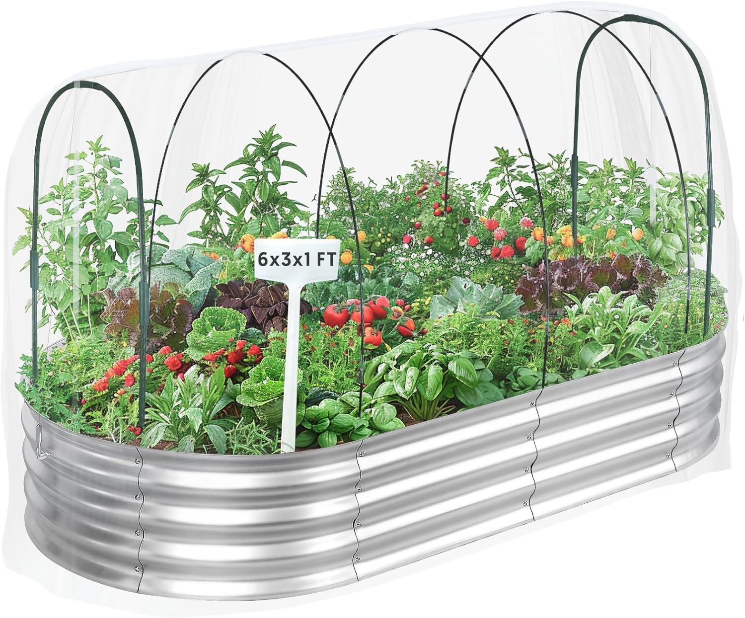 Raised Garden Bed with Greenhouse Frame and 3 Covers, 6x3x1 FT Garden Planting Box, Galvanized Metal Oval Tall Planter Box for Outdoor Gardening, Large Planting Space for Vegetables, Flowers