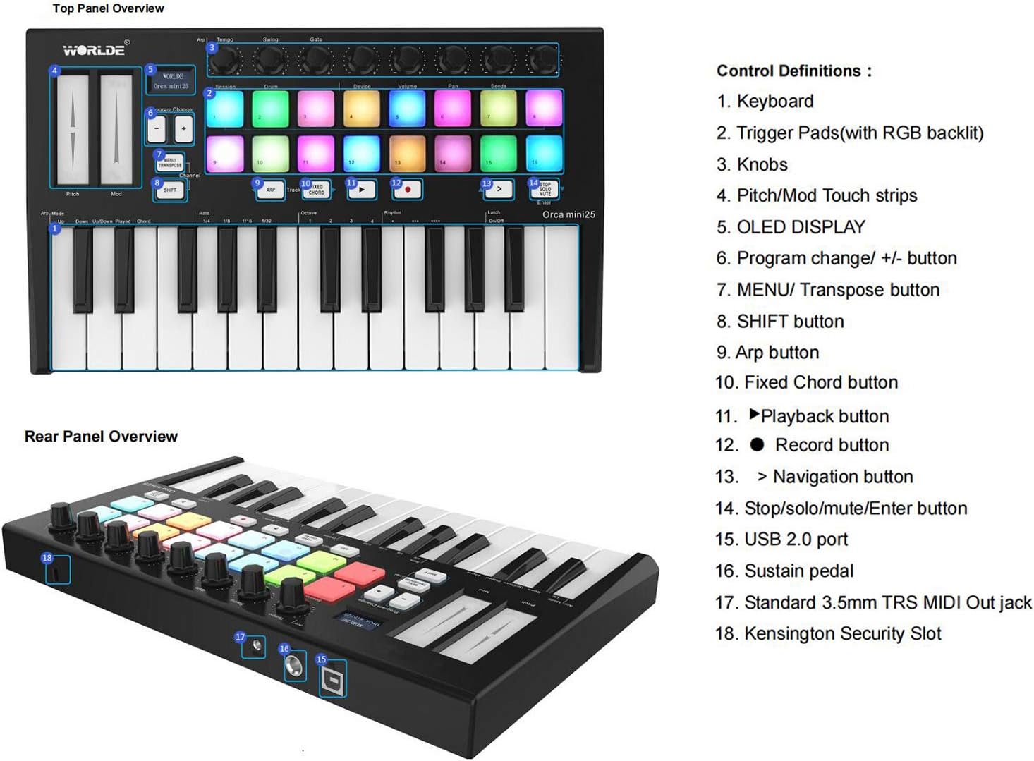 25 Portable 25-Key USB MIDI Keyboard Controller with 16 RGB Backlit Trigger Pads 8 Assignable Control Knobs
